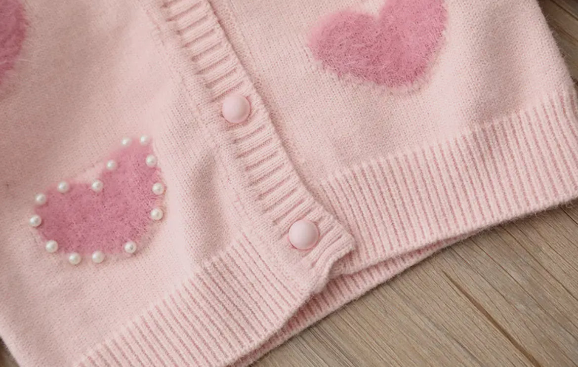 Pink heart cardigan with pearls