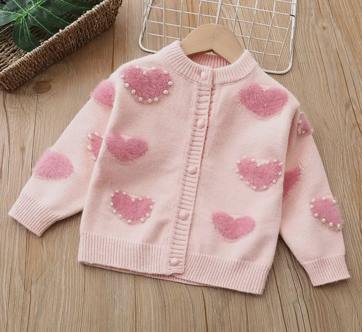 Pink heart cardigan with pearls