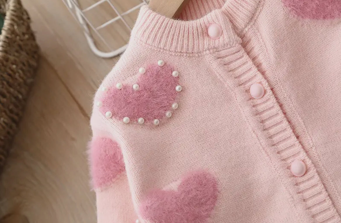 Pink heart cardigan with pearls