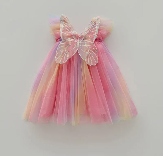 Rainbow Butterfly Wings Mesh Girls Dress with Flying Sleeves